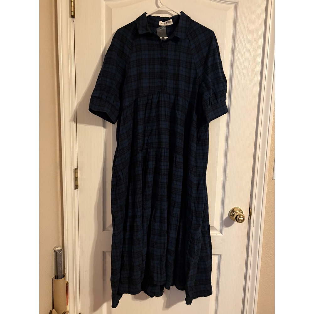 Natural Life Plaid Dress Womens M Navy Blue Black NWOT Tiered Cotton Midi